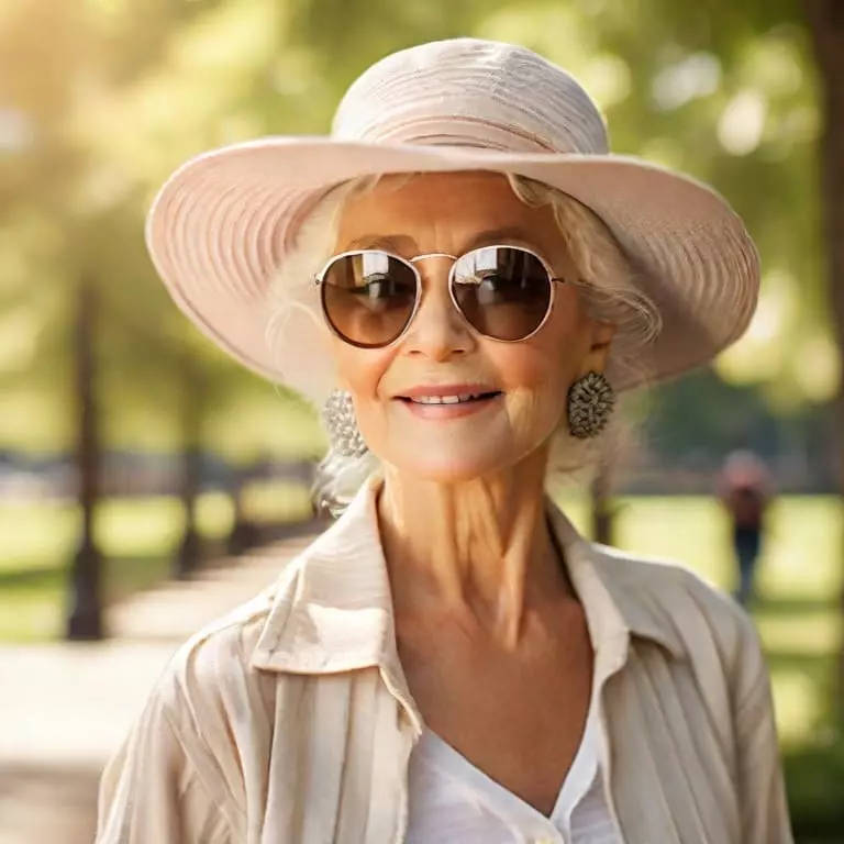 Mulher mais velha com óculos e chapéu ao sol no parque